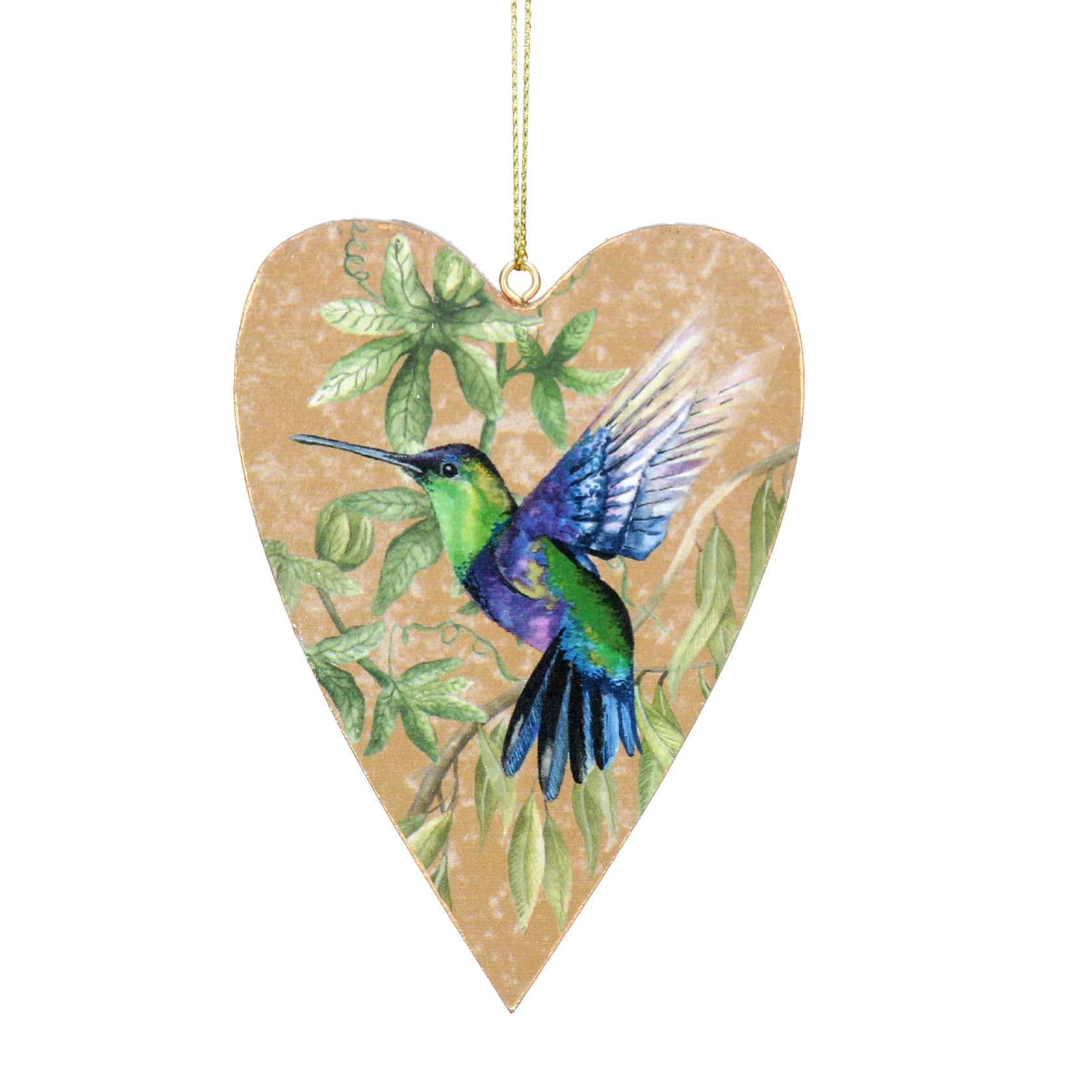 Natural wooden heart hanging decoration with Hummingbird and leaves design. By Gisela Graham.
